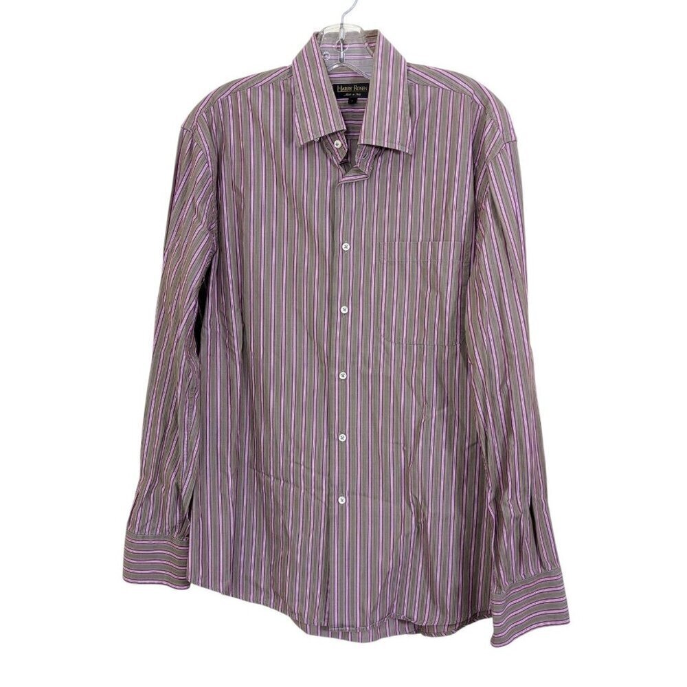 Harry Rosen Mens L Casual Button Up Shirt Olive Green Pink Striped Cotton Italy